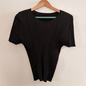 Issey Miyake Black Pleated Short Sleeve Top